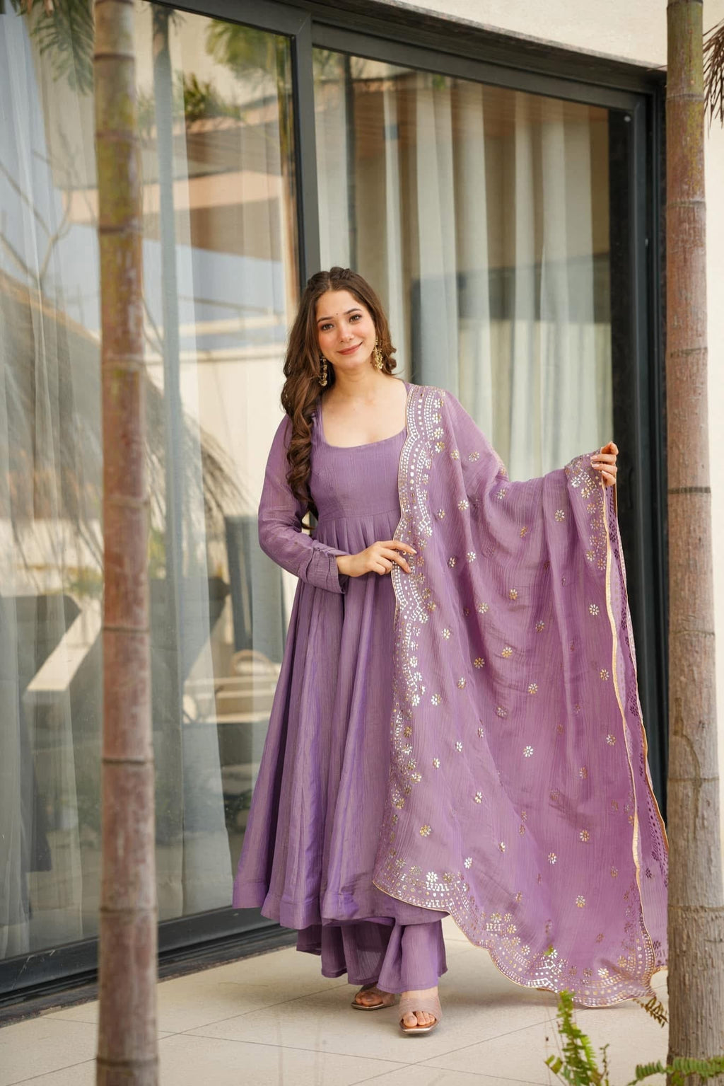 Aadesh Fashion Bina Lavender Pastel Chinon Silk Flared Anarkali Gown Set with Dupatta