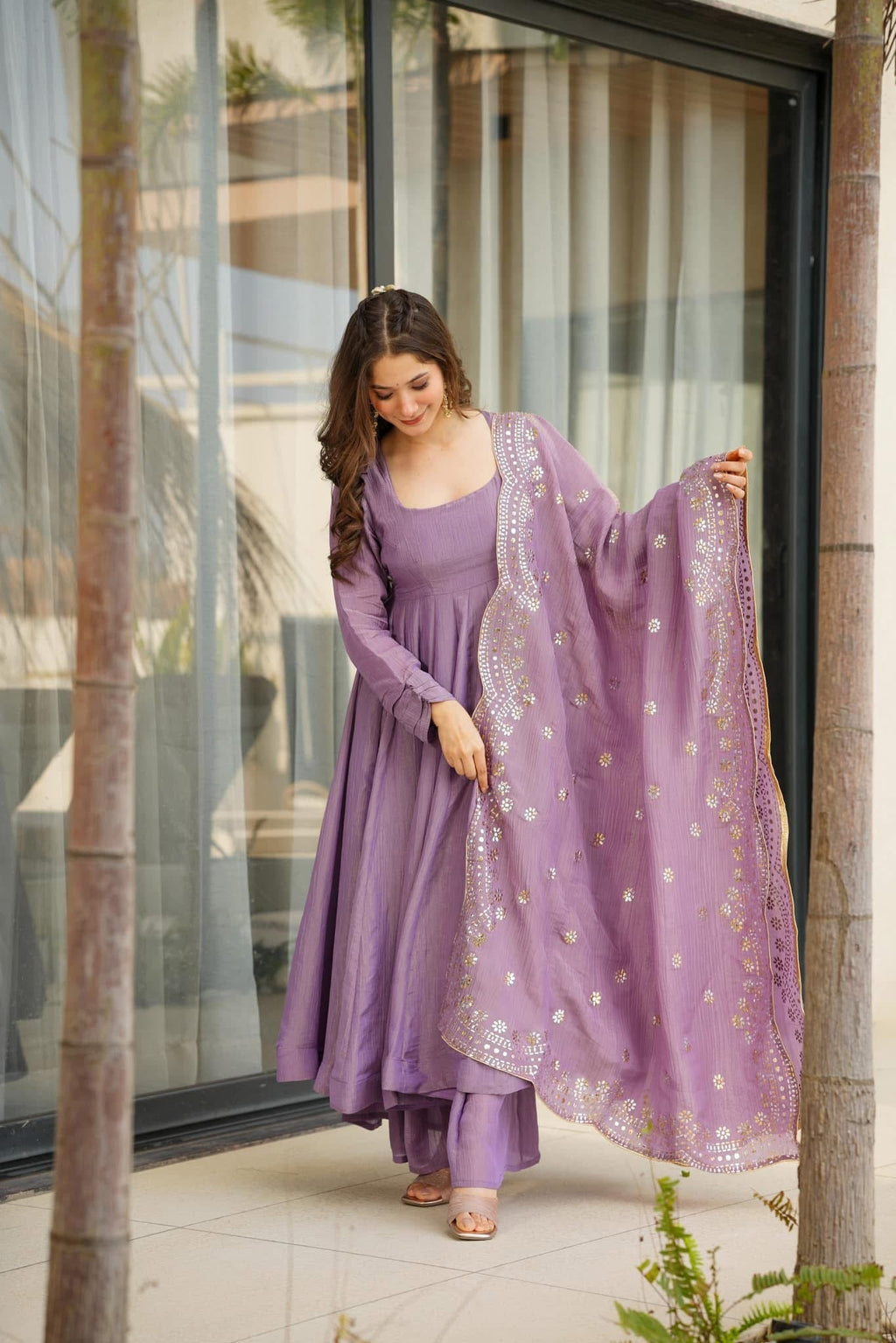 Aadesh Fashion Bina Lavender Pastel Chinon Silk Flared Anarkali Gown Set with Dupatta