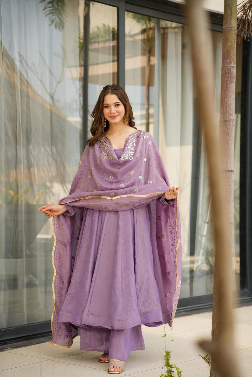 Aadesh Fashion Bina Lavender Pastel Chinon Silk Flared Anarkali Gown Set with Dupatta