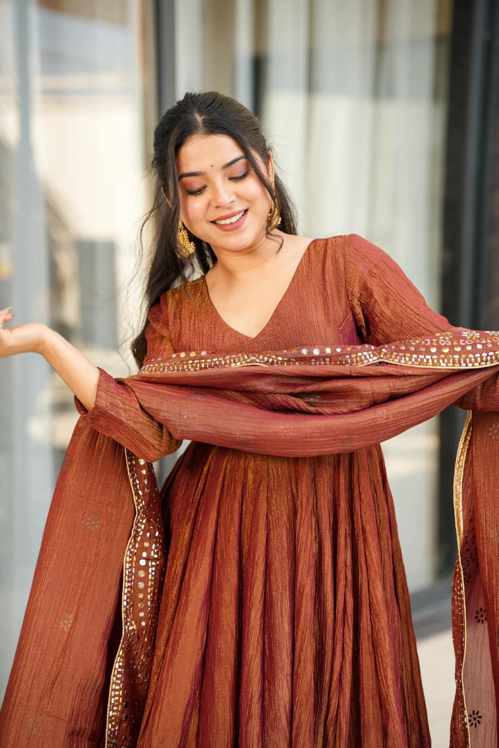Aadesh Fashion Bina Earthy Rust Brown Chinon Silk Flared Anarkali Gown Set with Dupatta