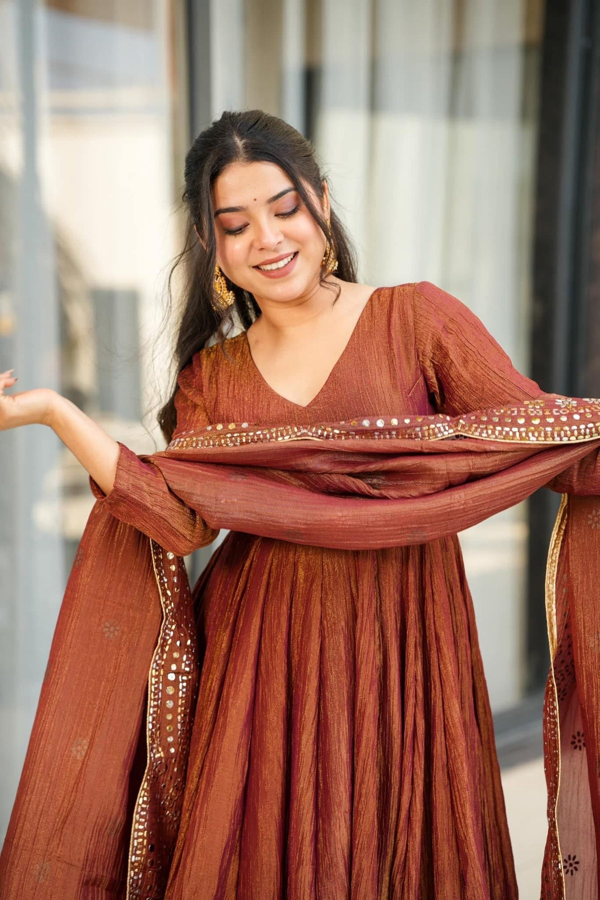 Aadesh Fashion Bina Earthy Rust Brown Chinon Silk Flared Anarkali Gown Set with Dupatta