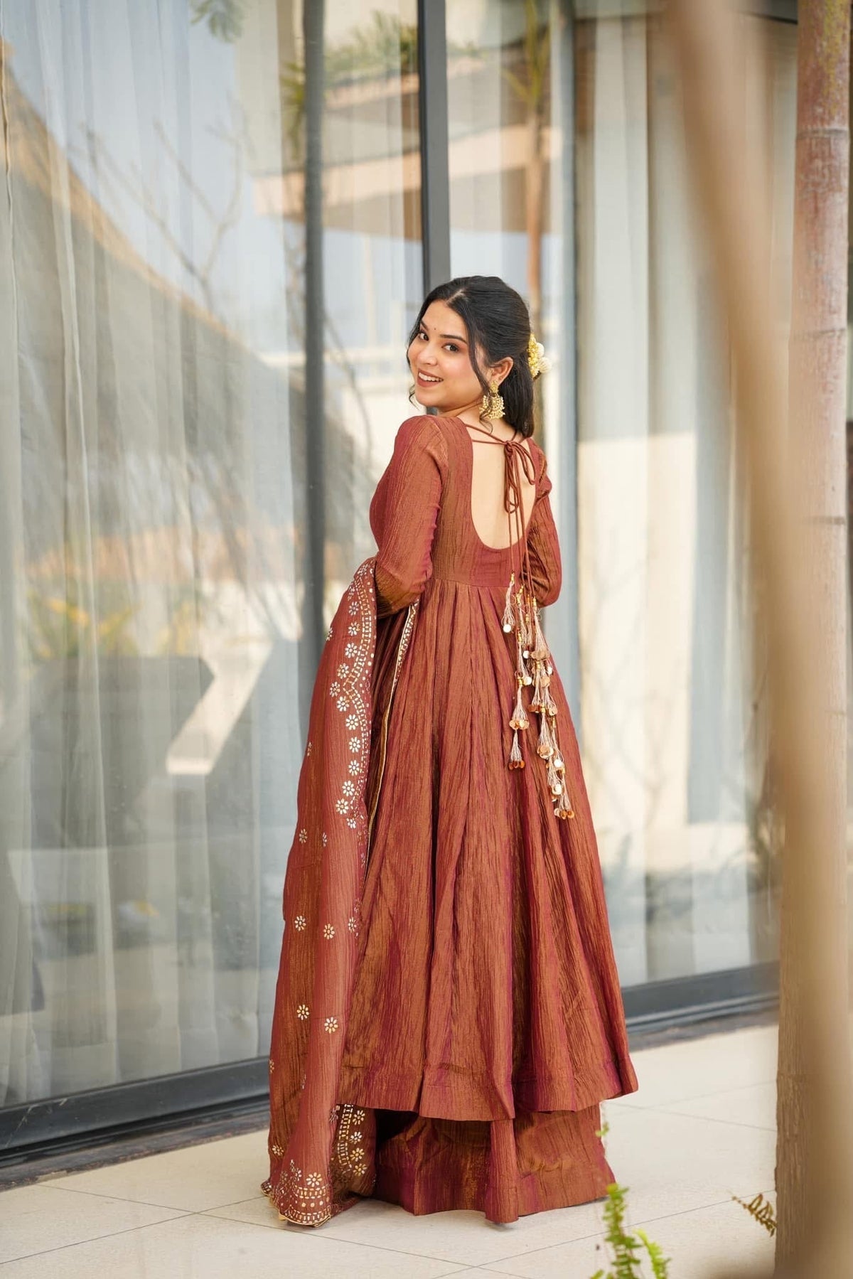 Aadesh Fashion Bina Earthy Rust Brown Chinon Silk Flared Anarkali Gown Set with Dupatta