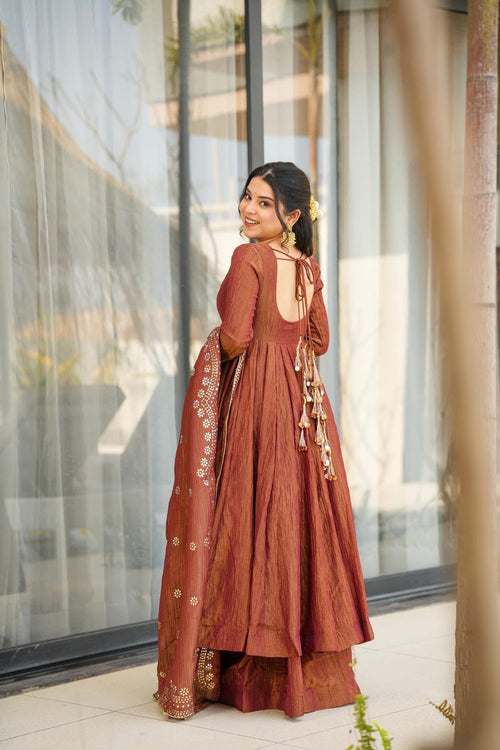 Aadesh Fashion Bina Earthy Rust Brown Chinon Silk Flared Anarkali Gown Set with Dupatta