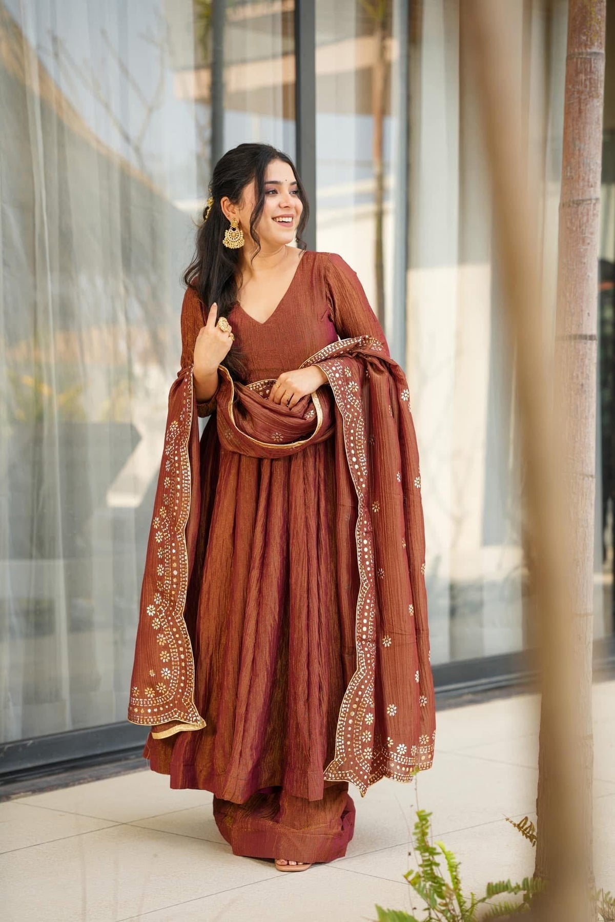 Aadesh Fashion Bina Earthy Rust Brown Chinon Silk Flared Anarkali Gown Set with Dupatta