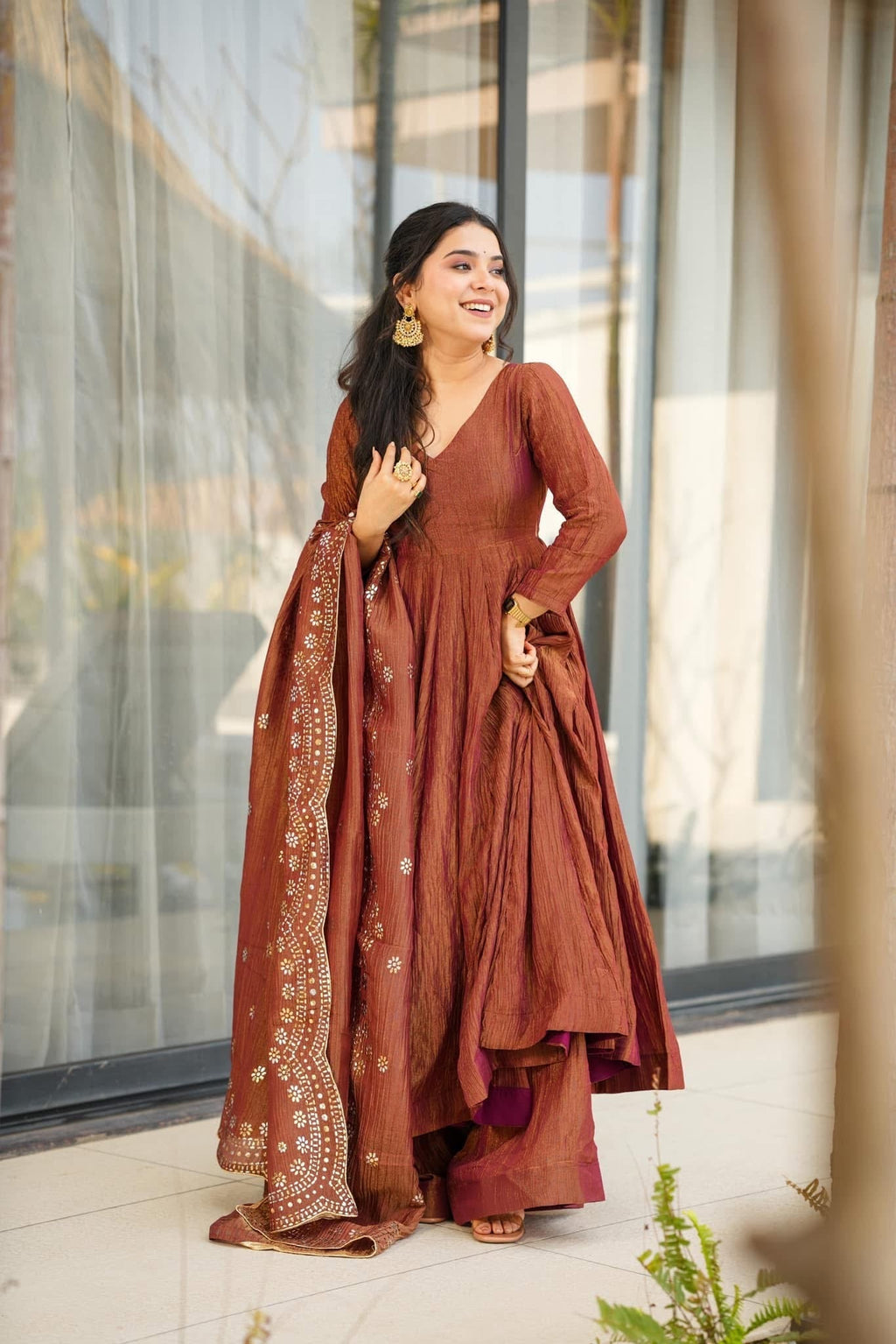 Aadesh Fashion Bina Earthy Rust Brown Chinon Silk Flared Anarkali Gown Set with Dupatta