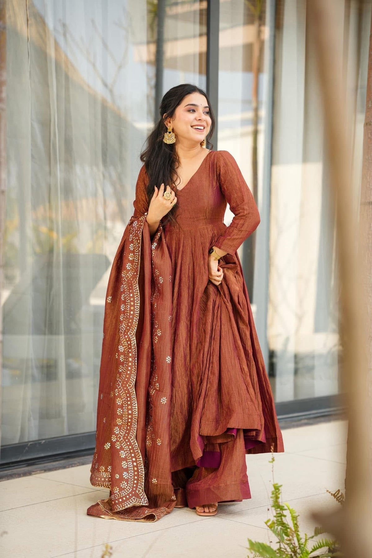 Aadesh Fashion Bina Earthy Rust Brown Chinon Silk Flared Anarkali Gown Set with Dupatta