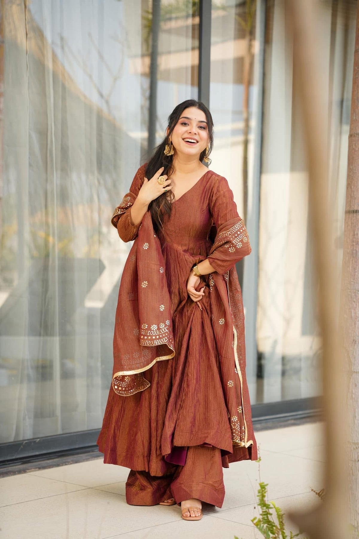 Aadesh Fashion Bina Earthy Rust Brown Chinon Silk Flared Anarkali Gown Set with Dupatta
