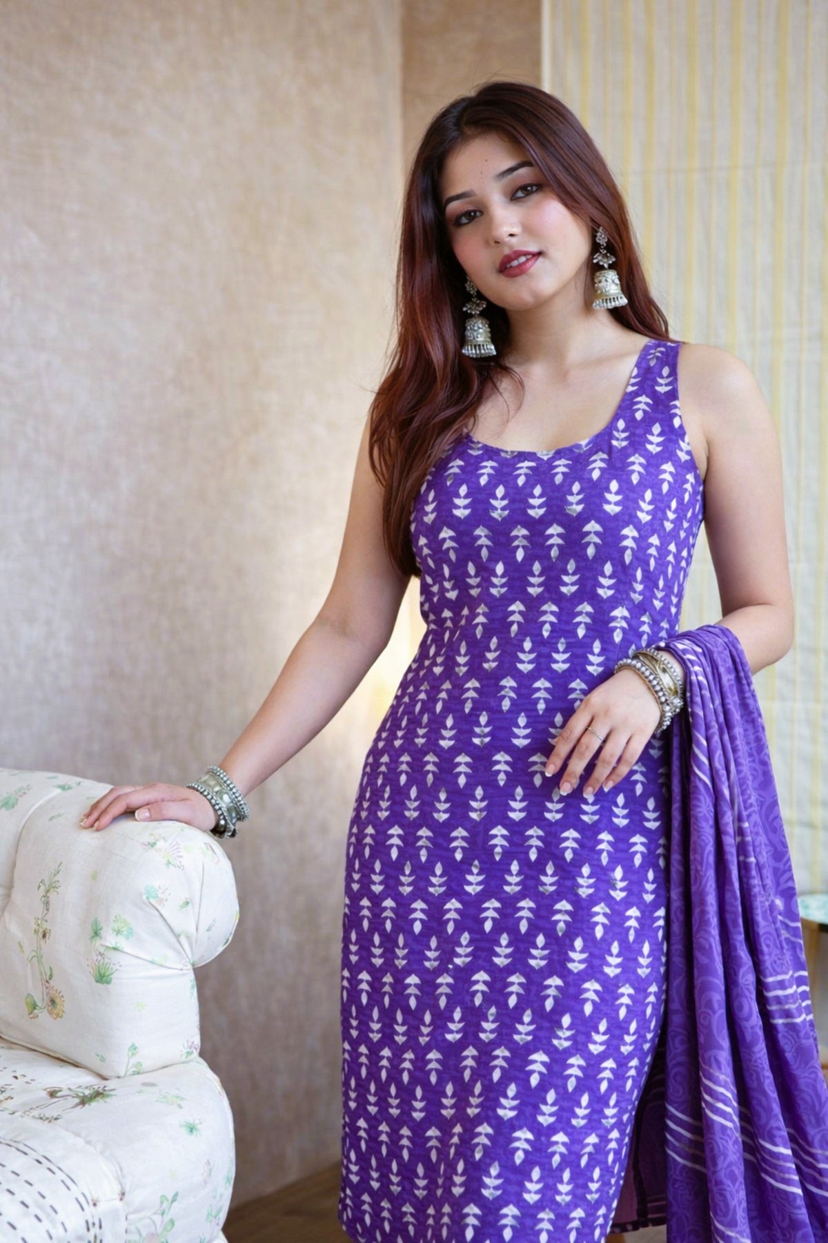 Aadesh Fashion Royal Purple Sleeveless Rayon Slub Kurti Sharara Set with Chanderi Dupatta