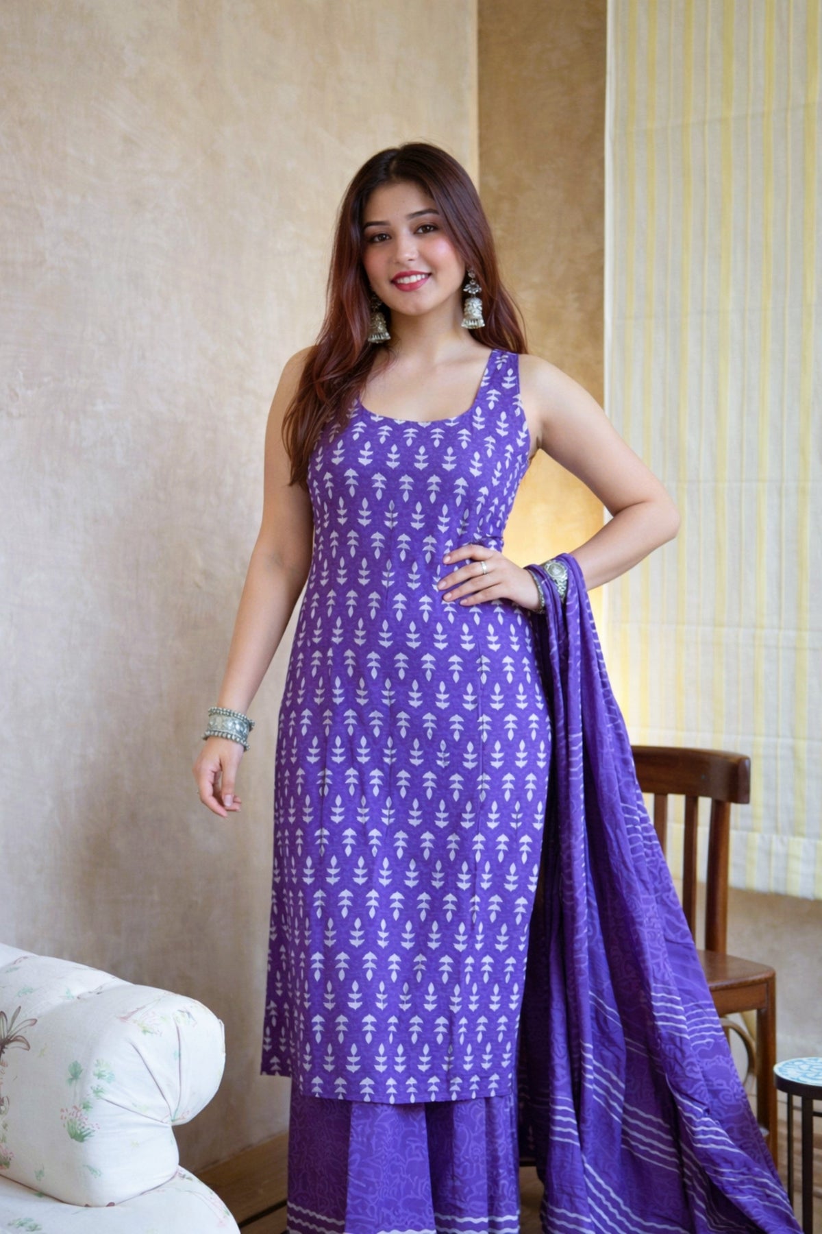 Aadesh Fashion Royal Purple Sleeveless Rayon Slub Kurti Sharara Set with Chanderi Dupatta