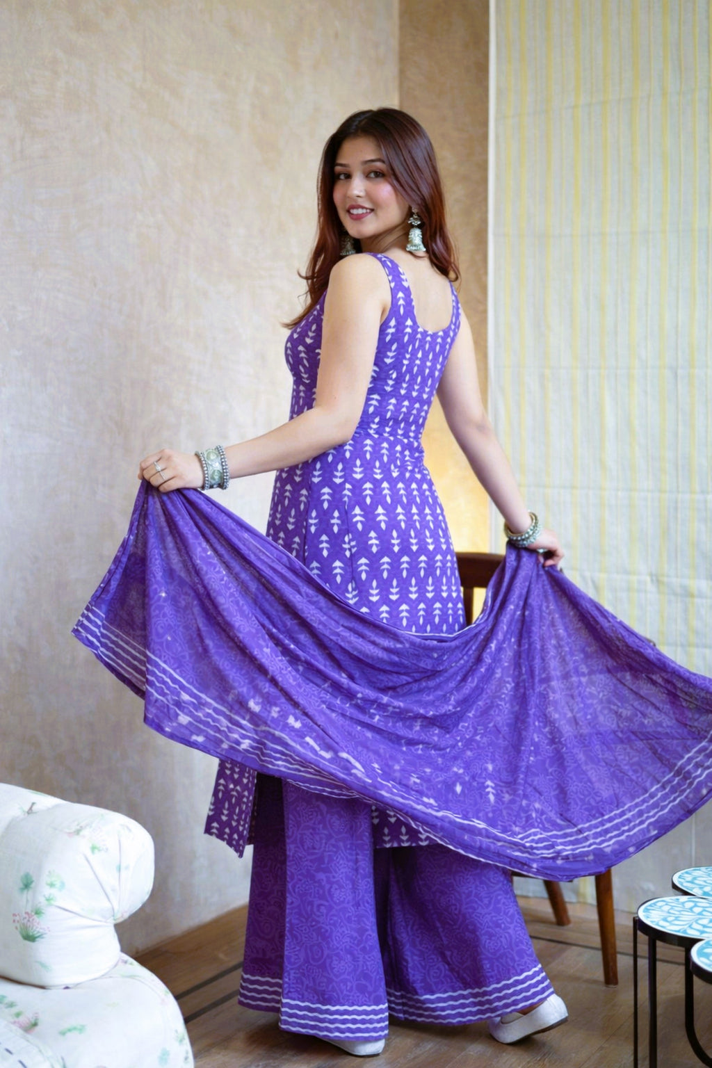 Aadesh Fashion Royal Purple Sleeveless Rayon Slub Kurti Sharara Set with Chanderi Dupatta