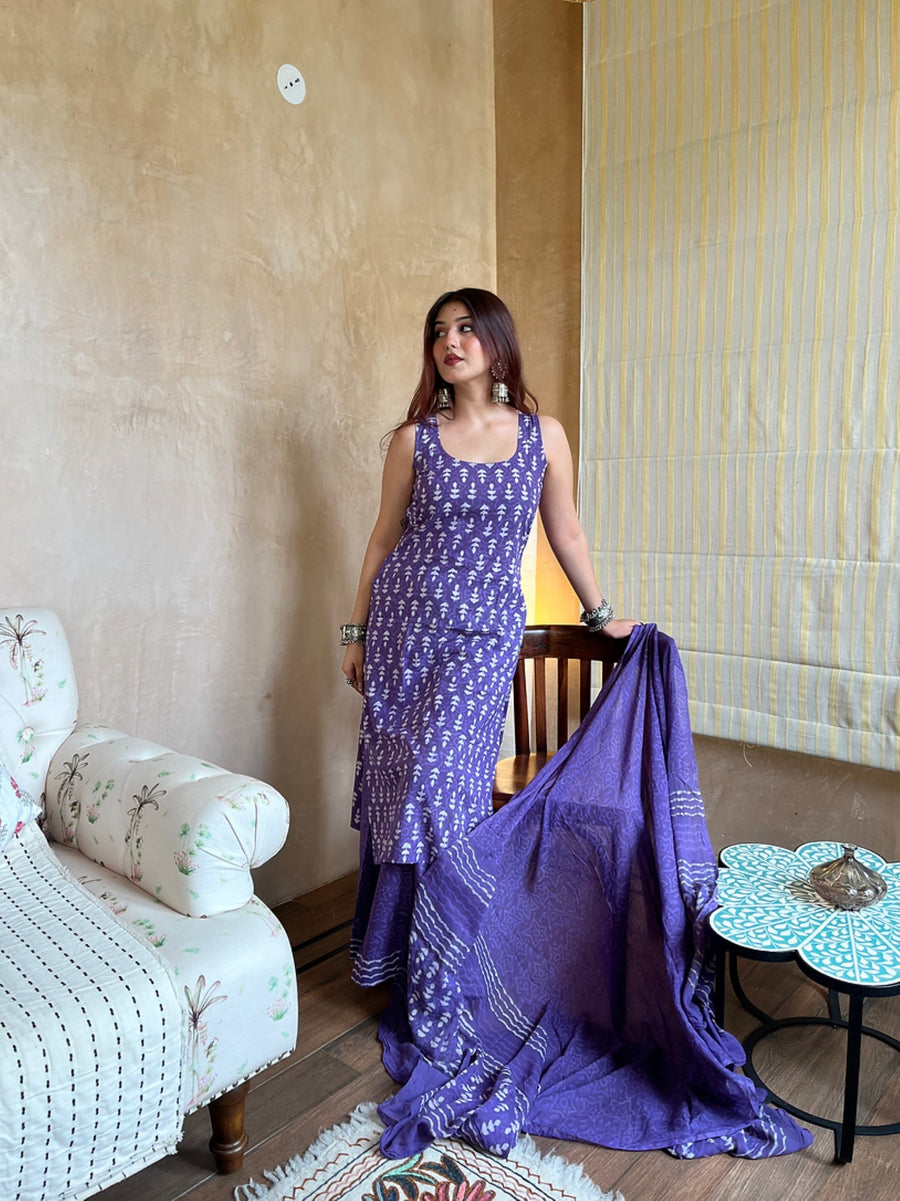 Aadesh Fashion Royal Purple Sleeveless Rayon Slub Kurti Sharara Set with Chanderi Dupatta