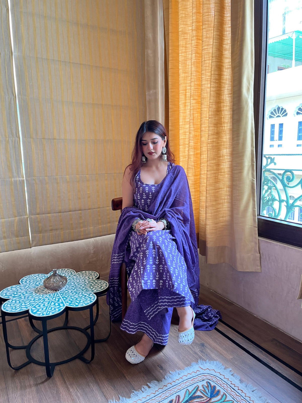 Aadesh Fashion Royal Purple Sleeveless Rayon Slub Kurti Sharara Set with Chanderi Dupatta