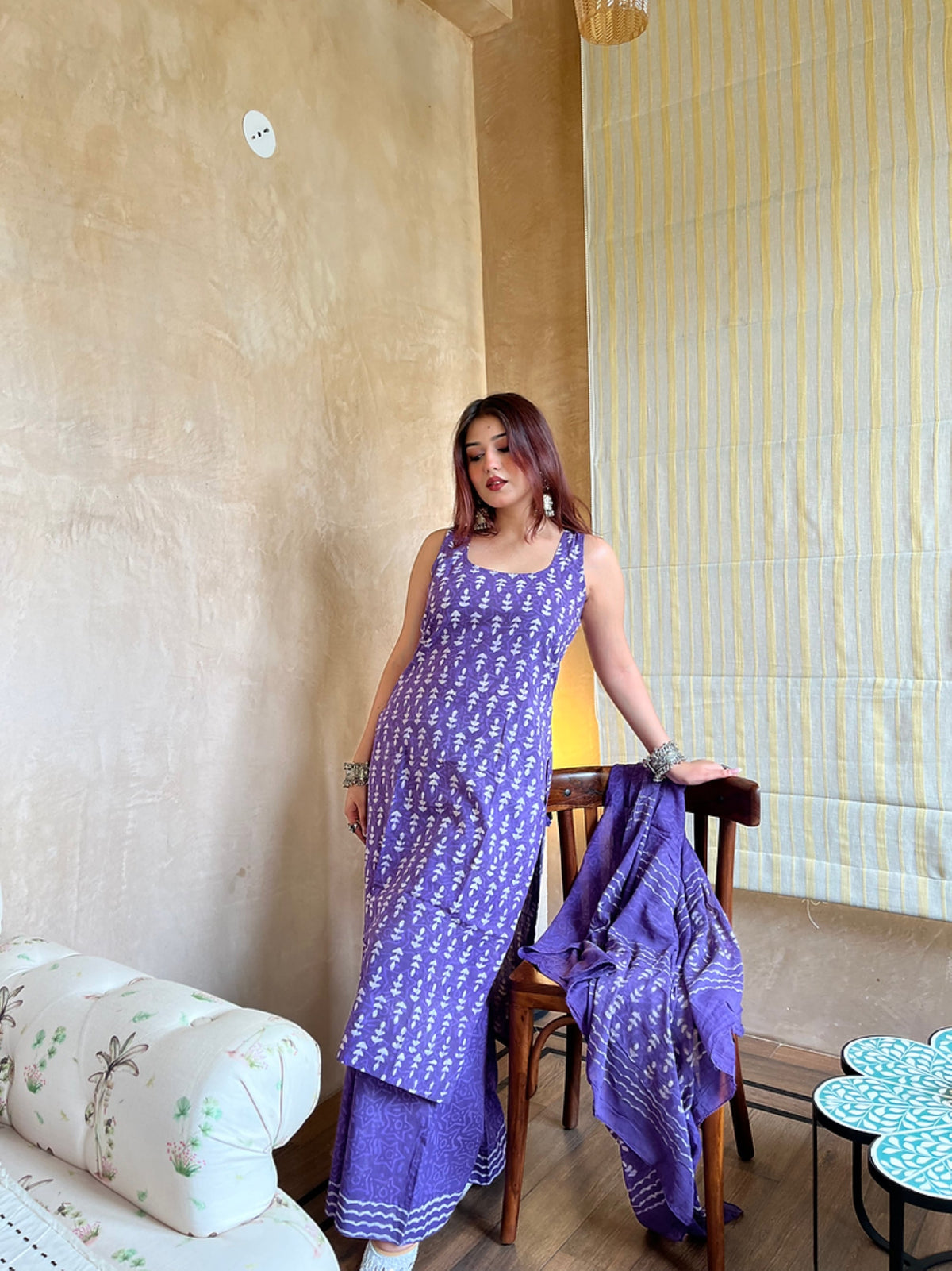 Aadesh Fashion Royal Purple Sleeveless Rayon Slub Kurti Sharara Set with Chanderi Dupatta