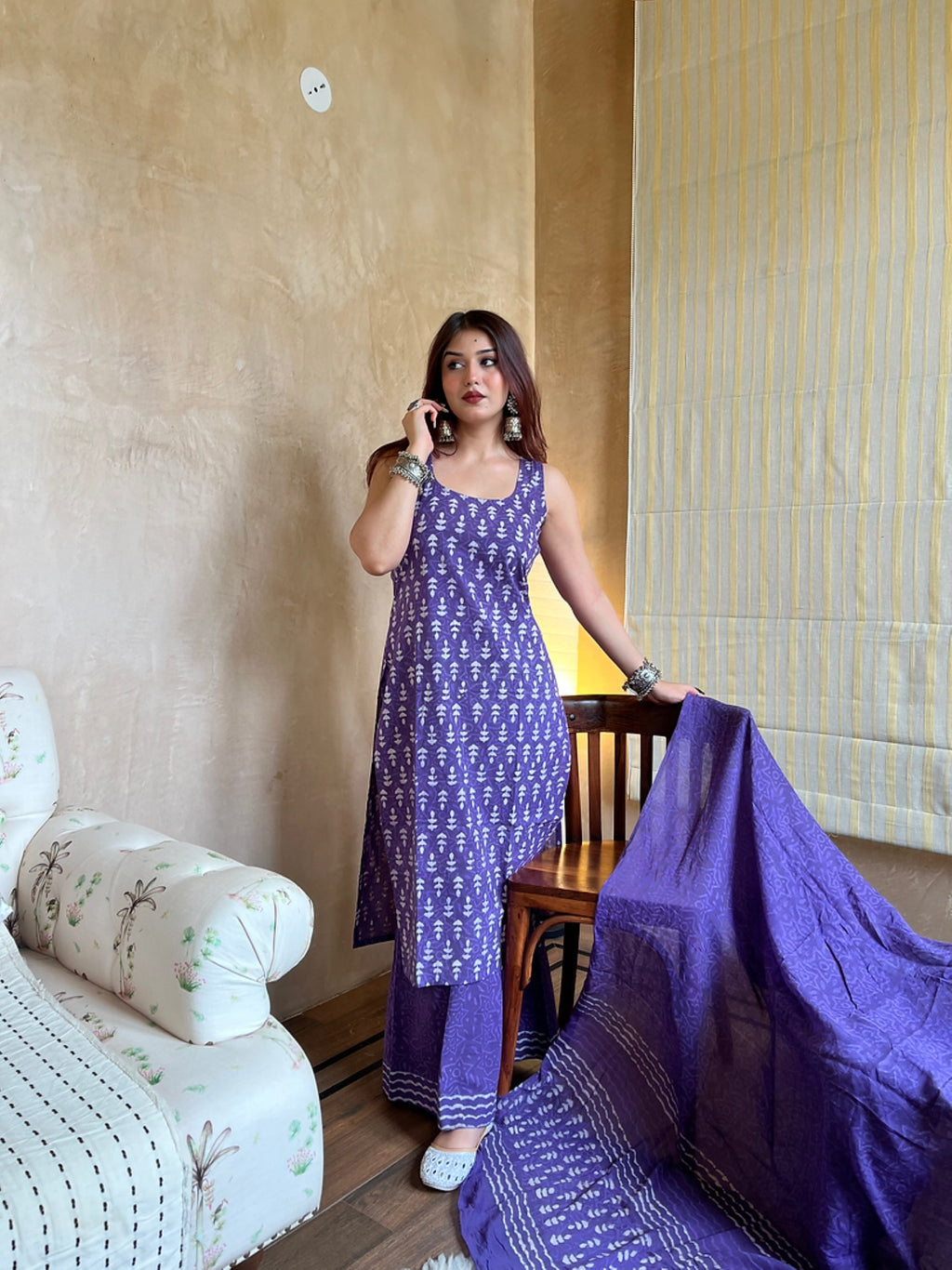 Aadesh Fashion Royal Purple Sleeveless Rayon Slub Kurti Sharara Set with Chanderi Dupatta