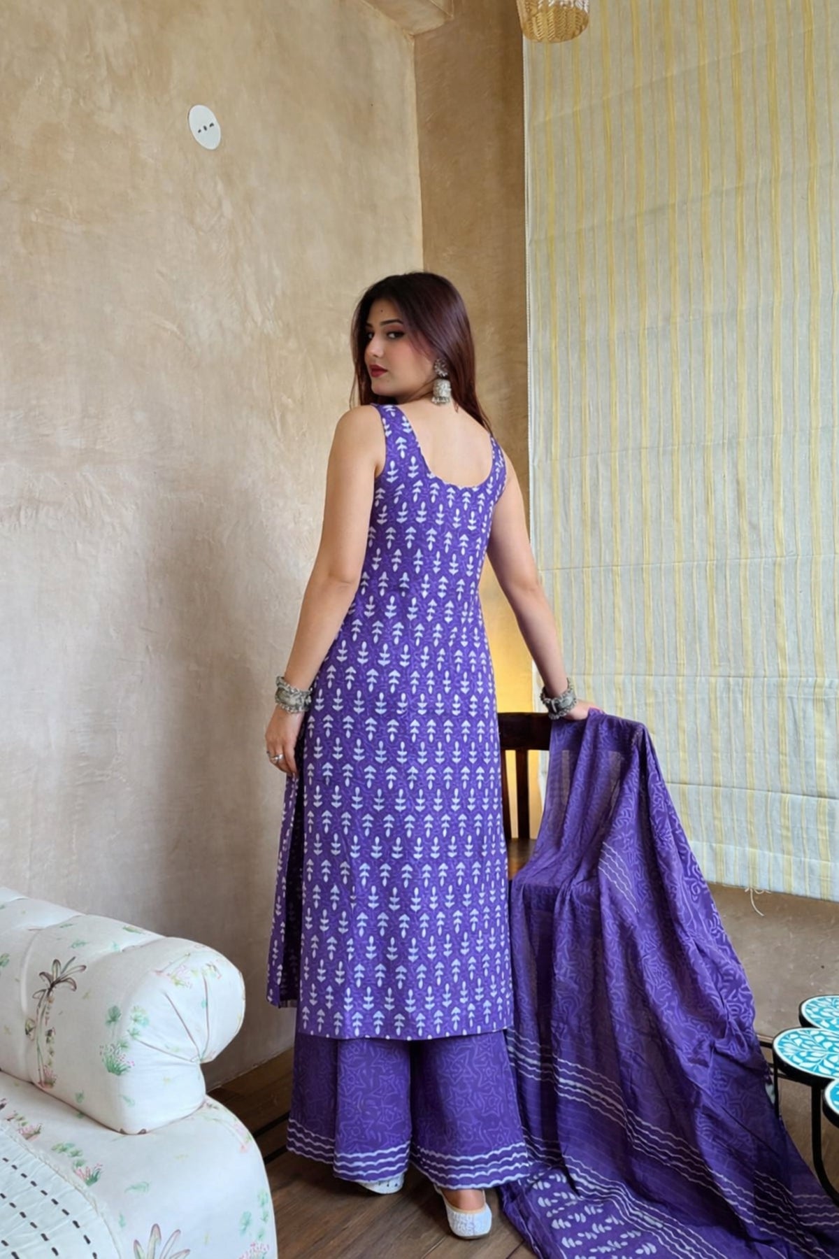 Aadesh Fashion Royal Purple Sleeveless Rayon Slub Kurti Sharara Set with Chanderi Dupatta