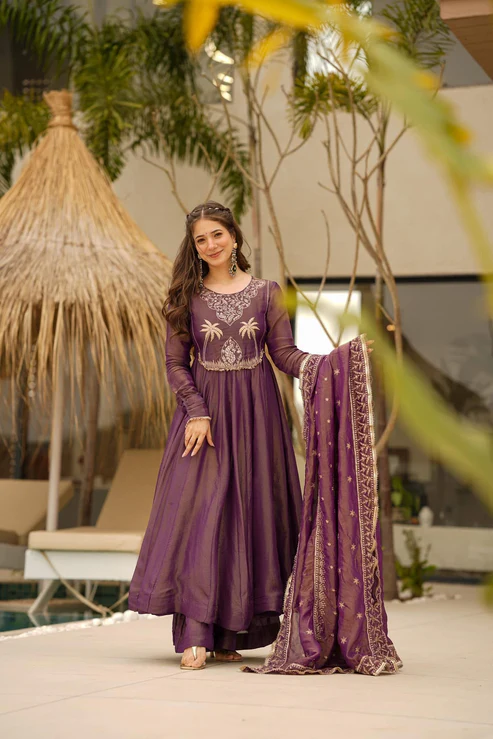 Aadesh Fashion Meera Onion Wine PV Chanderi Silk Flared Anarkali Set with Jacquard Dupatta
