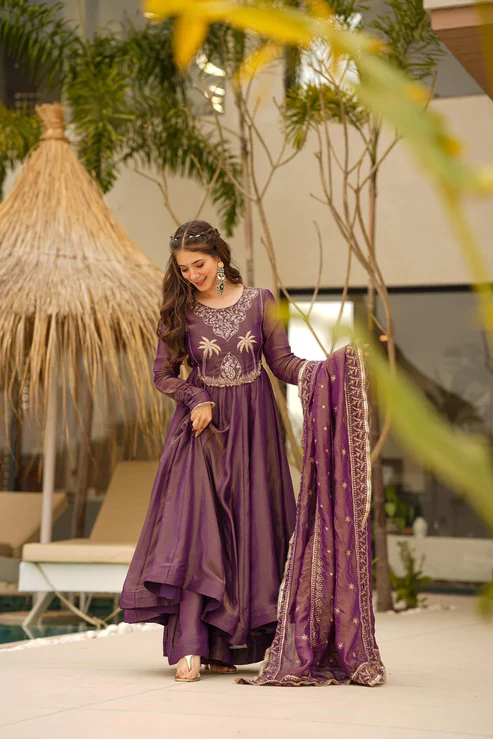 Aadesh Fashion Meera Onion Wine PV Chanderi Silk Flared Anarkali Set with Jacquard Dupatta