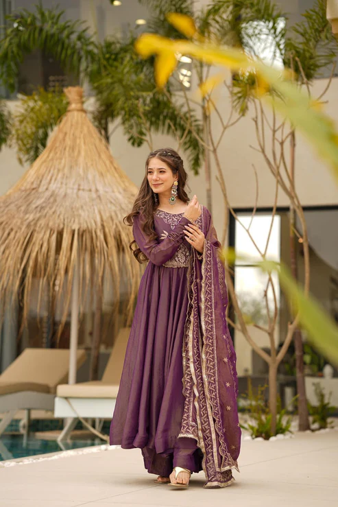 Aadesh Fashion Meera Onion Wine PV Chanderi Silk Flared Anarkali Set with Jacquard Dupatta