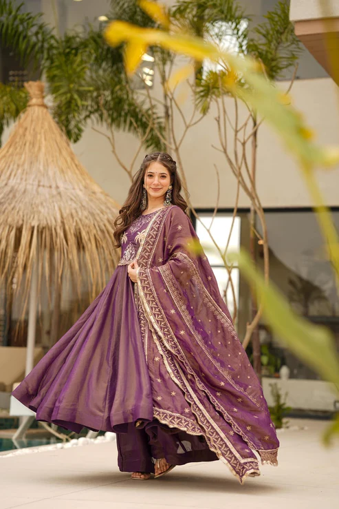Aadesh Fashion Meera Onion Wine PV Chanderi Silk Flared Anarkali Set with Jacquard Dupatta