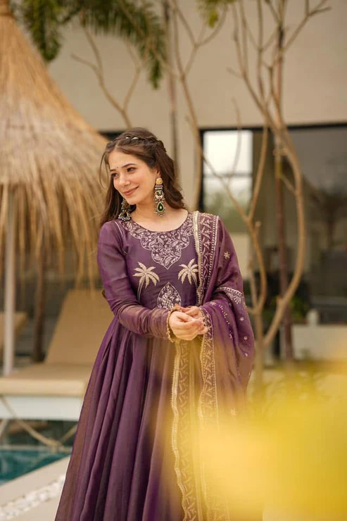 Aadesh Fashion Meera Onion Wine PV Chanderi Silk Flared Anarkali Set with Jacquard Dupatta