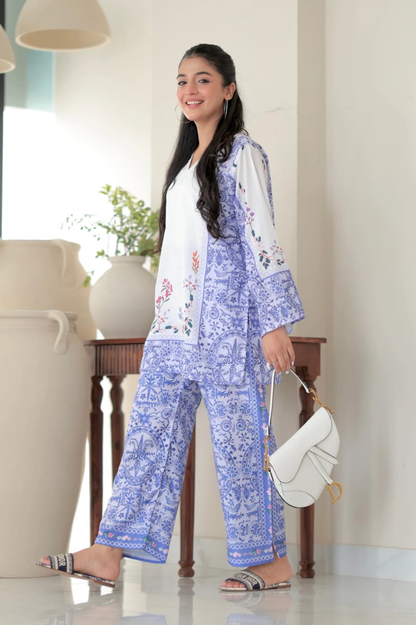 Aadesh Fashion Paris White & Blue Rayon Printed Designer Co-ord Set