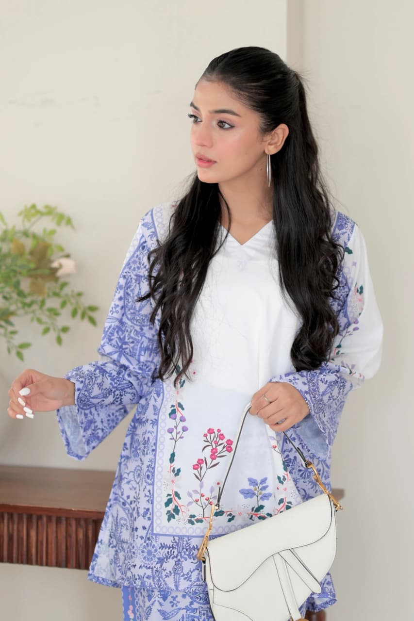 Aadesh Fashion Paris White & Blue Rayon Printed Designer Co-ord Set