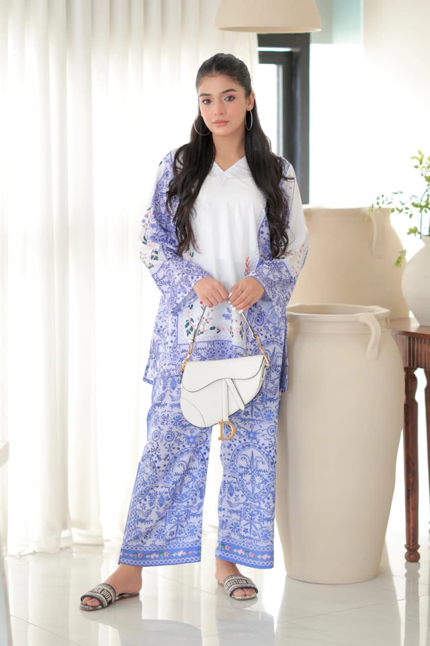 Aadesh Fashion Paris White & Blue Rayon Printed Designer Co-ord Set