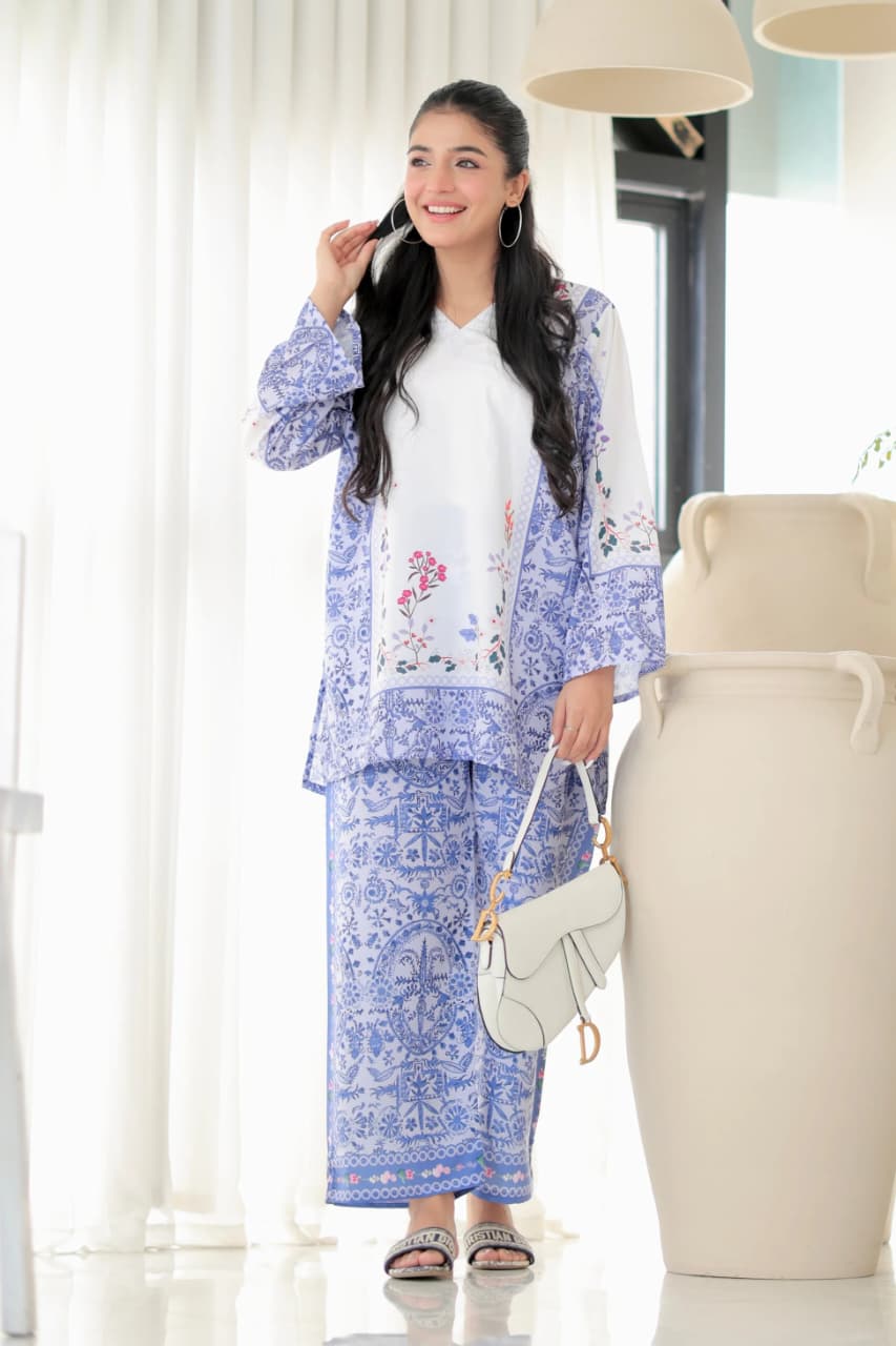 Aadesh Fashion Paris White & Blue Rayon Printed Designer Co-ord Set