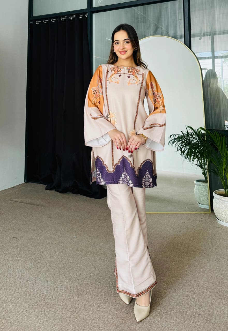 Aadesh Fashion Paris Beige & Violet Rayon Printed Designer Co-ord Set