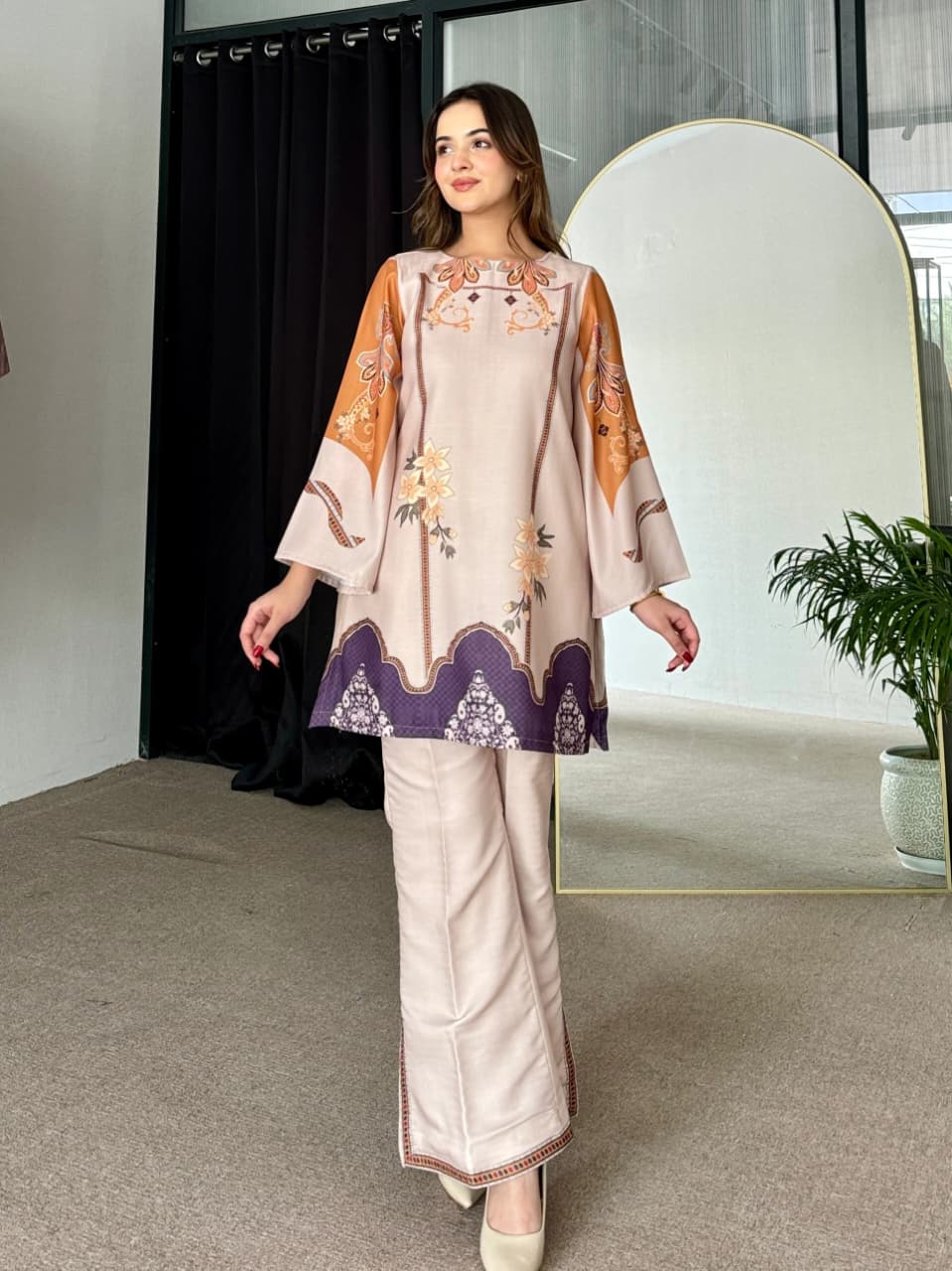 Aadesh Fashion Paris Beige & Violet Rayon Printed Designer Co-ord Set