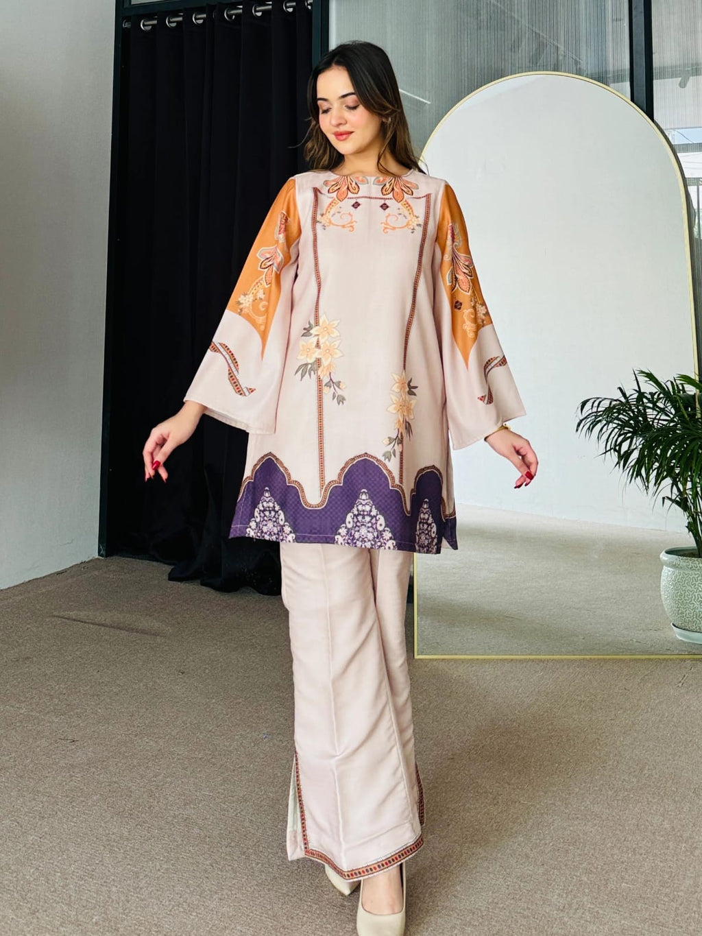 Aadesh Fashion Paris Beige & Violet Rayon Printed Designer Co-ord Set