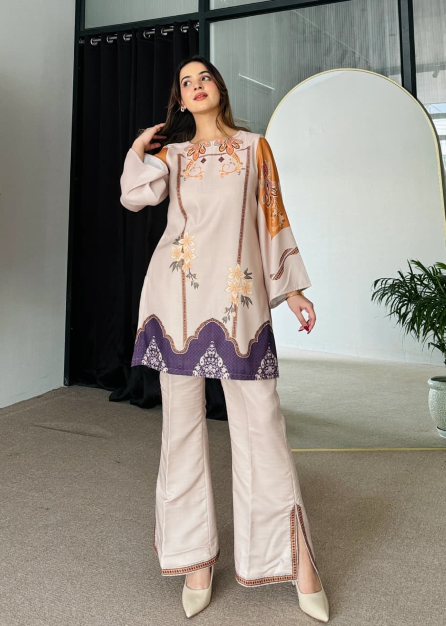 Aadesh Fashion Paris Beige & Violet Rayon Printed Designer Co-ord Set