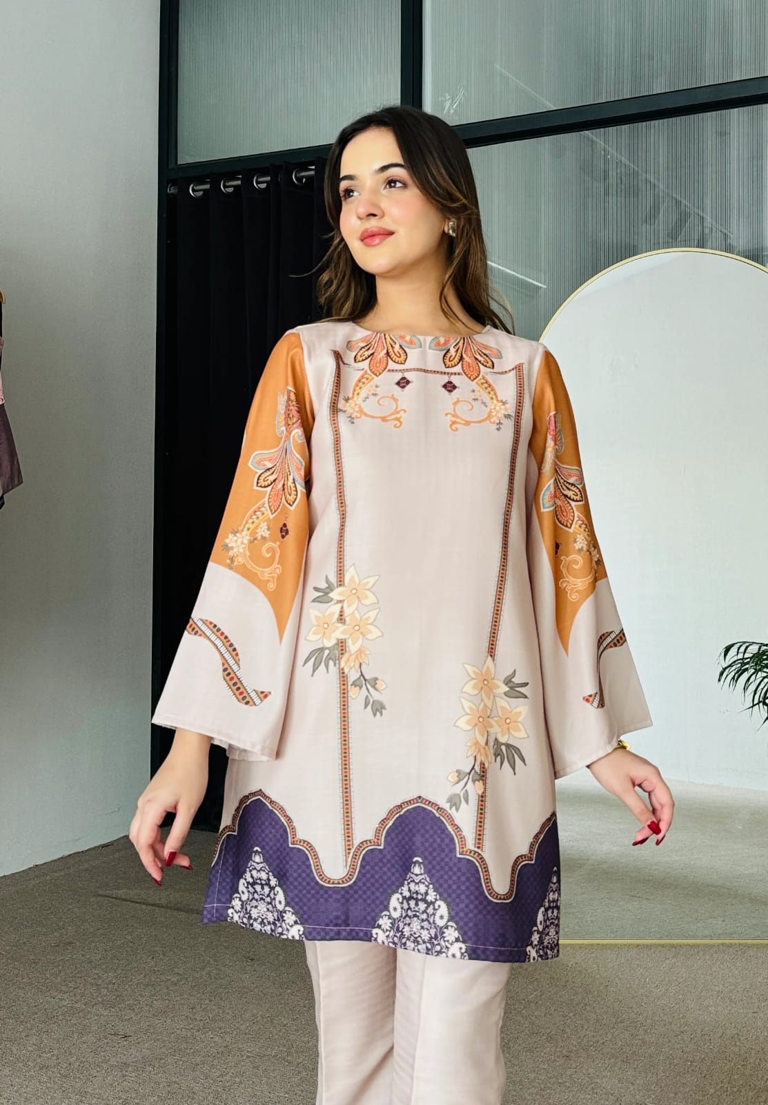 Aadesh Fashion Paris Beige & Violet Rayon Printed Designer Co-ord Set
