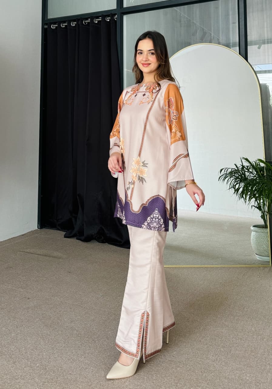 Aadesh Fashion Paris Beige & Violet Rayon Printed Designer Co-ord Set