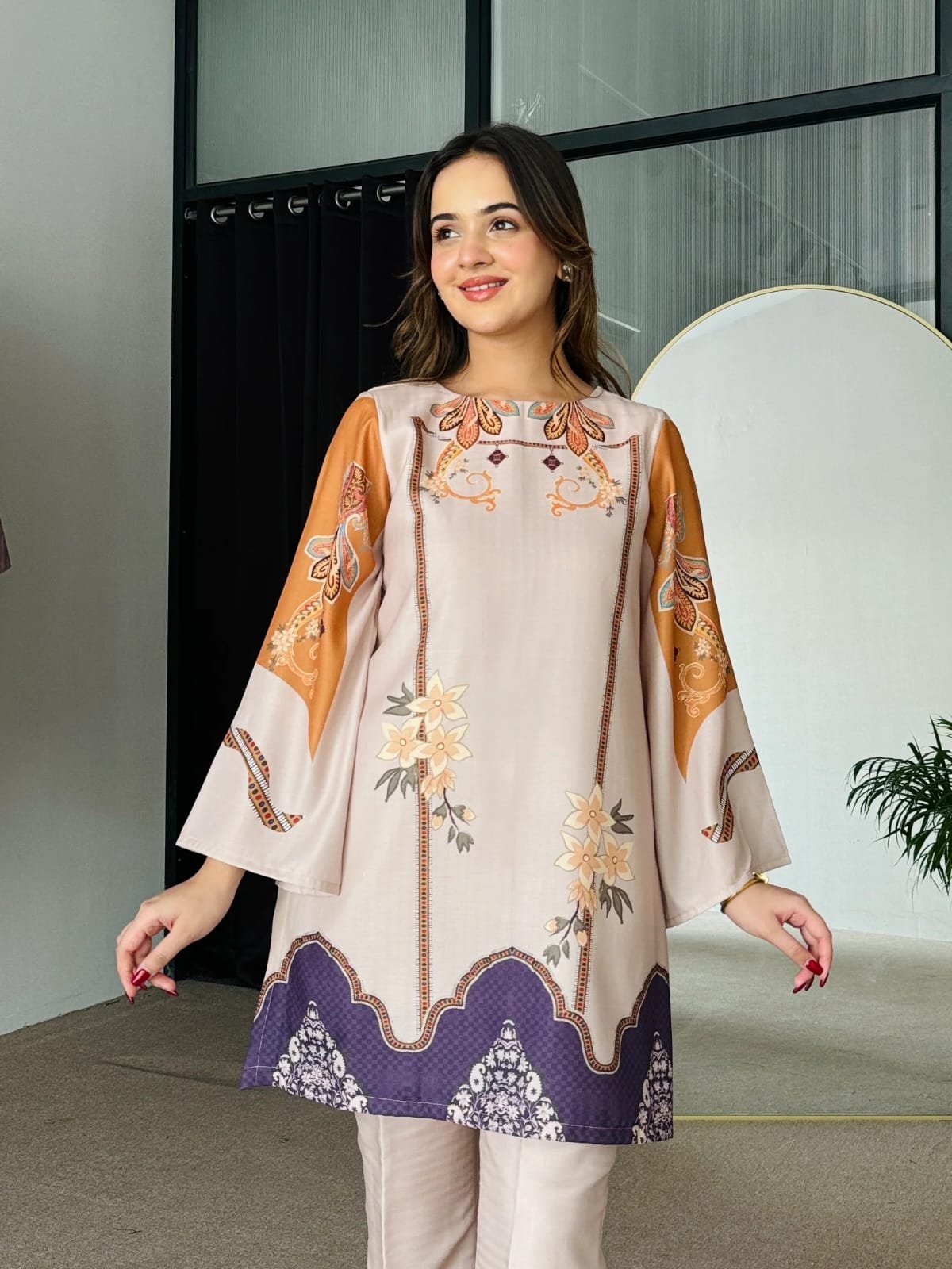Aadesh Fashion Paris Beige & Violet Rayon Printed Designer Co-ord Set