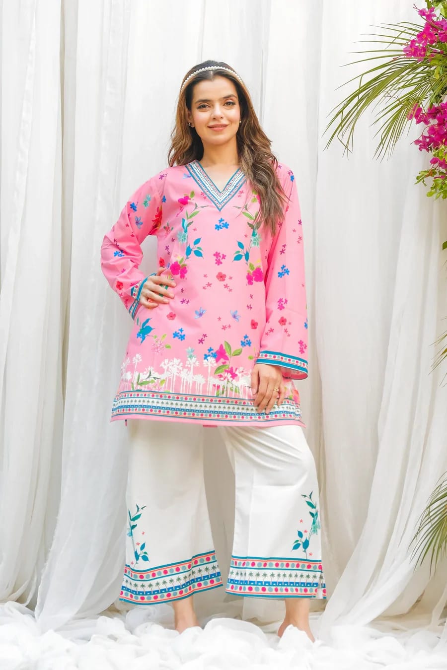Aadesh Fashion Paris Candy Pink & White Floral Rayon Printed Co-ord Set