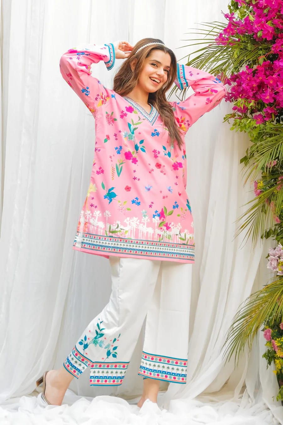 Aadesh Fashion Paris Candy Pink & White Floral Rayon Printed Co-ord Set