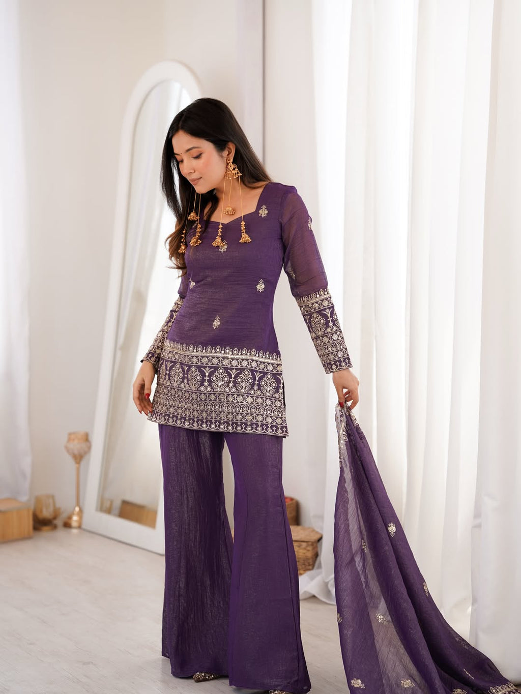 Aadesh Fashion Royal Purple Crunchy Silk Short Kurti Flared Palazzo Set