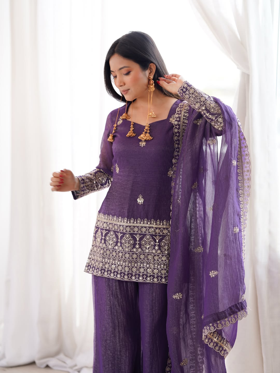 Aadesh Fashion Royal Purple Crunchy Silk Short Kurti Flared Palazzo Set