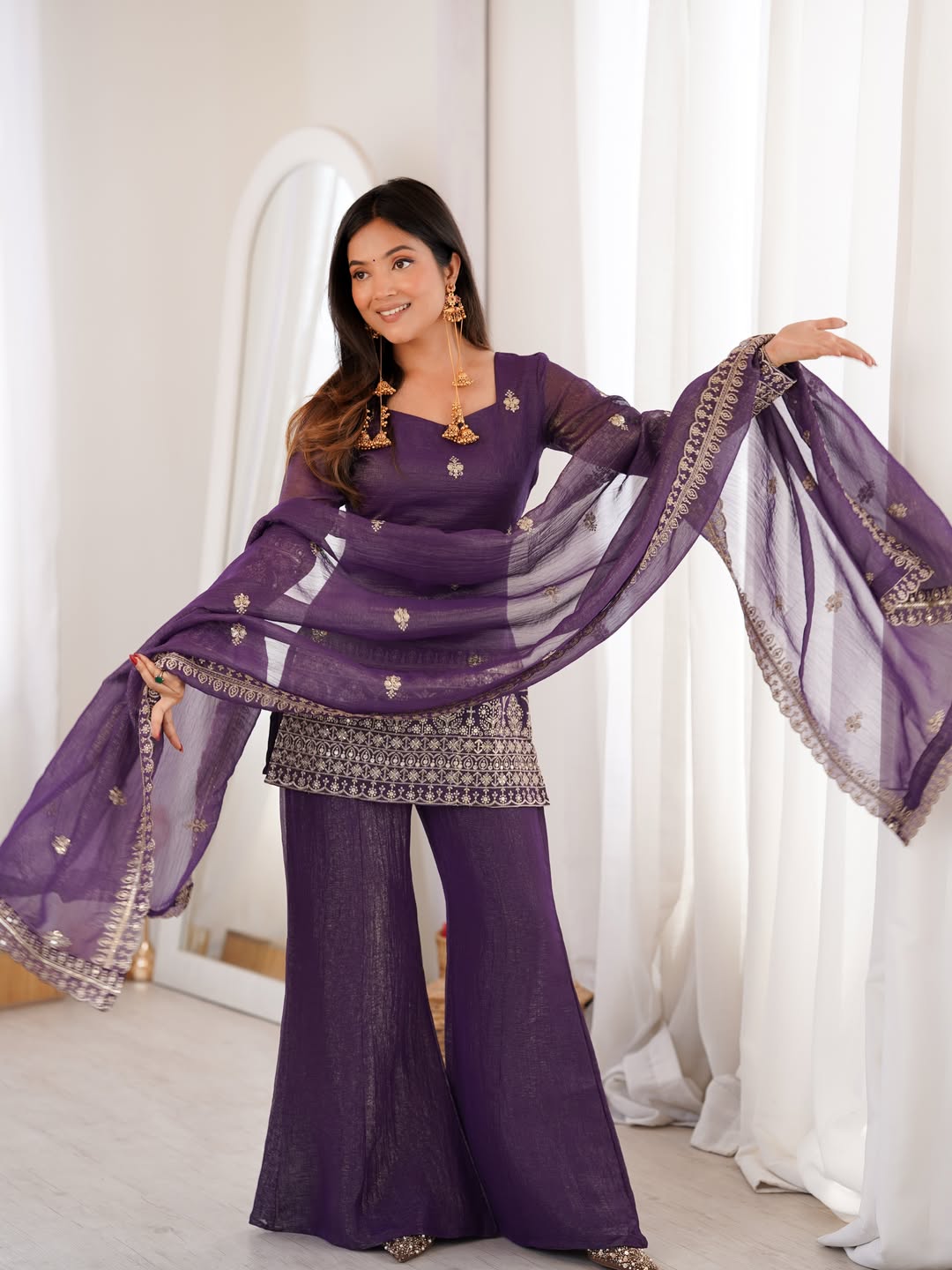 Aadesh Fashion Royal Purple Crunchy Silk Short Kurti Flared Palazzo Set