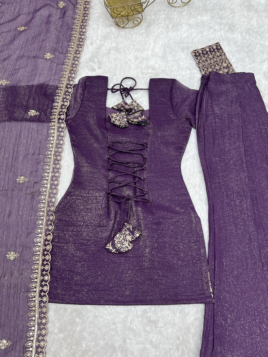 Aadesh Fashion Royal Purple Crunchy Silk Short Kurti Flared Palazzo Set