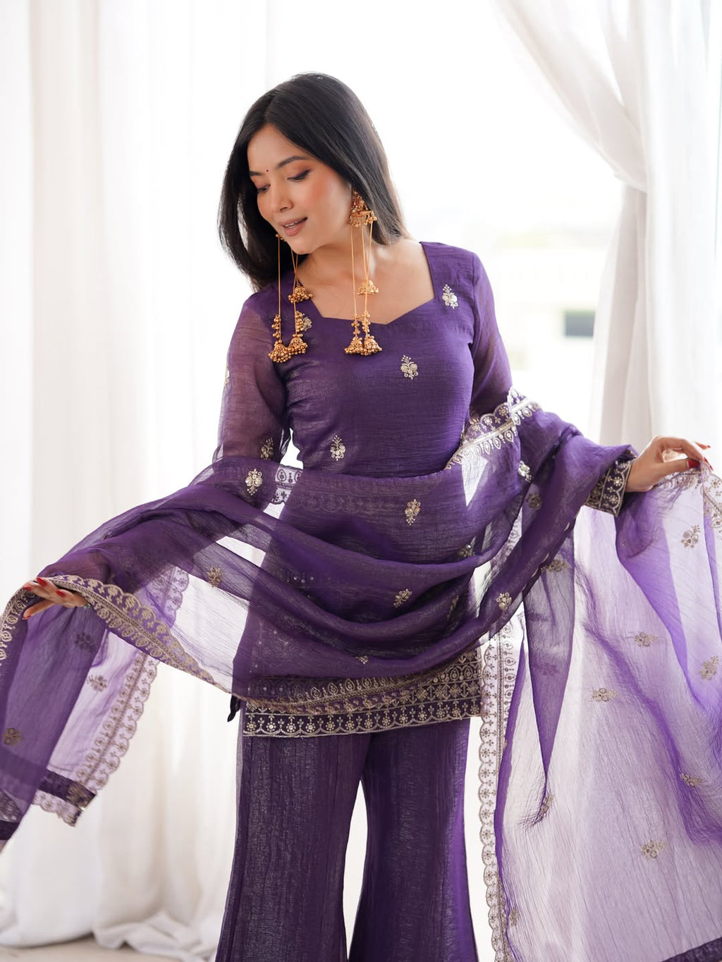 Aadesh Fashion Royal Purple Crunchy Silk Short Kurti Flared Palazzo Set