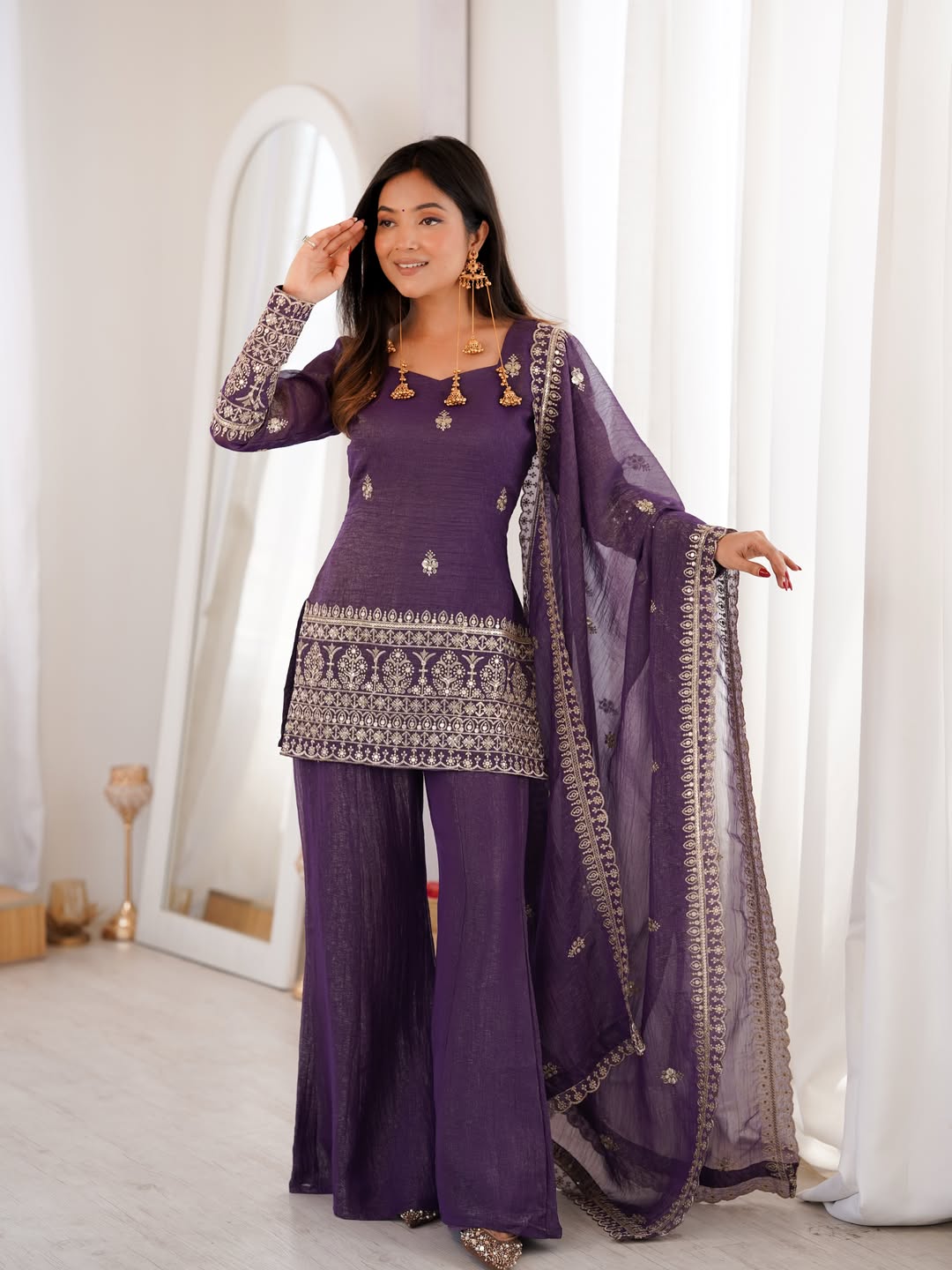 Aadesh Fashion Royal Purple Crunchy Silk Short Kurti Flared Palazzo Set
