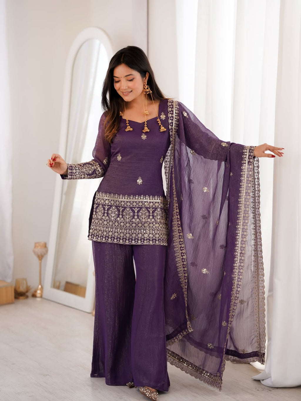 Aadesh Fashion Royal Purple Crunchy Silk Short Kurti Flared Palazzo Set