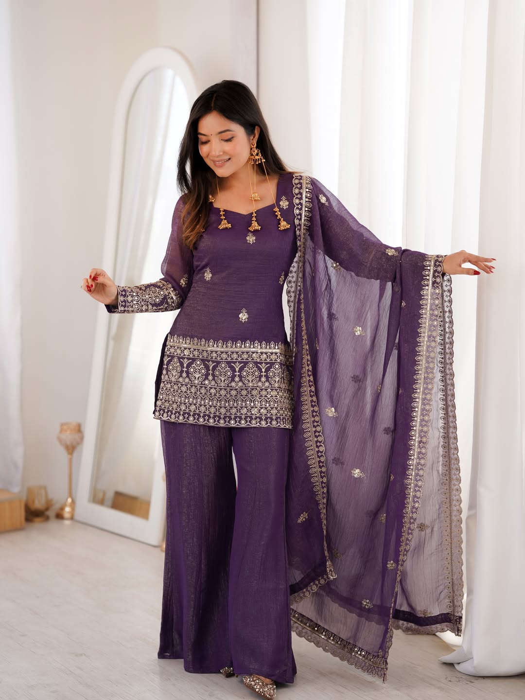Aadesh Fashion Royal Purple Crunchy Silk Short Kurti Flared Palazzo Set