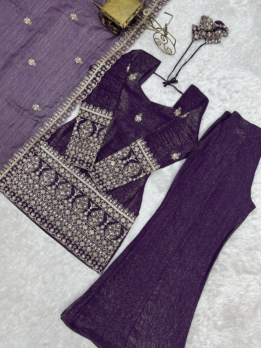 Aadesh Fashion Royal Purple Crunchy Silk Short Kurti Flared Palazzo Set
