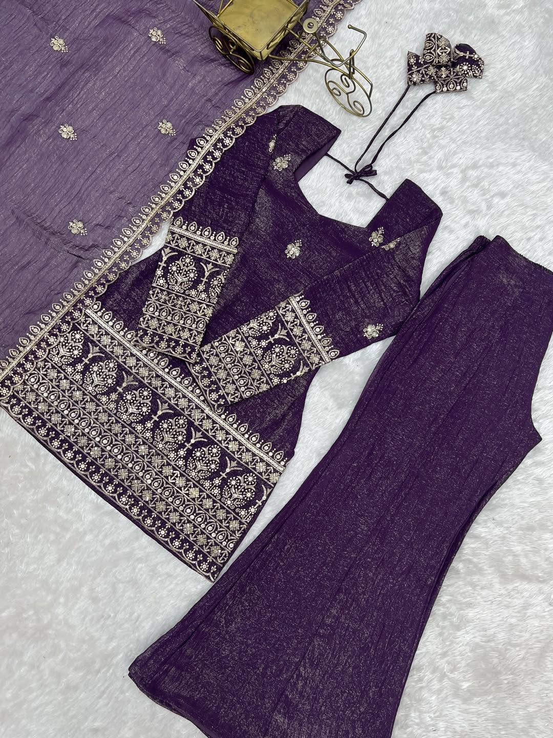 Aadesh Fashion Royal Purple Crunchy Silk Short Kurti Flared Palazzo Set