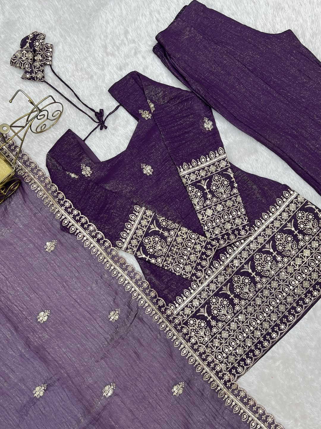 Aadesh Fashion Royal Purple Crunchy Silk Short Kurti Flared Palazzo Set