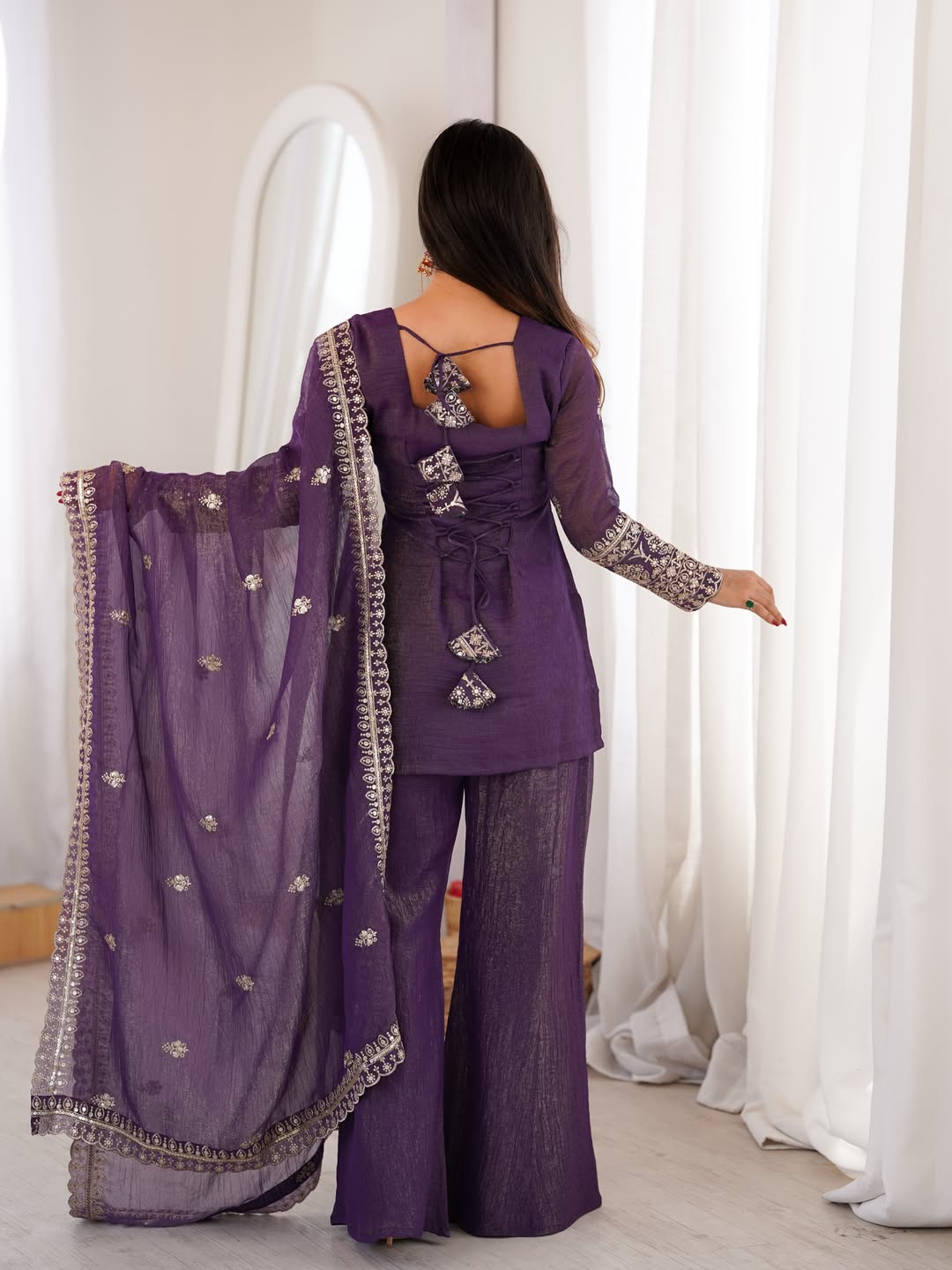 Aadesh Fashion Royal Purple Crunchy Silk Short Kurti Flared Palazzo Set