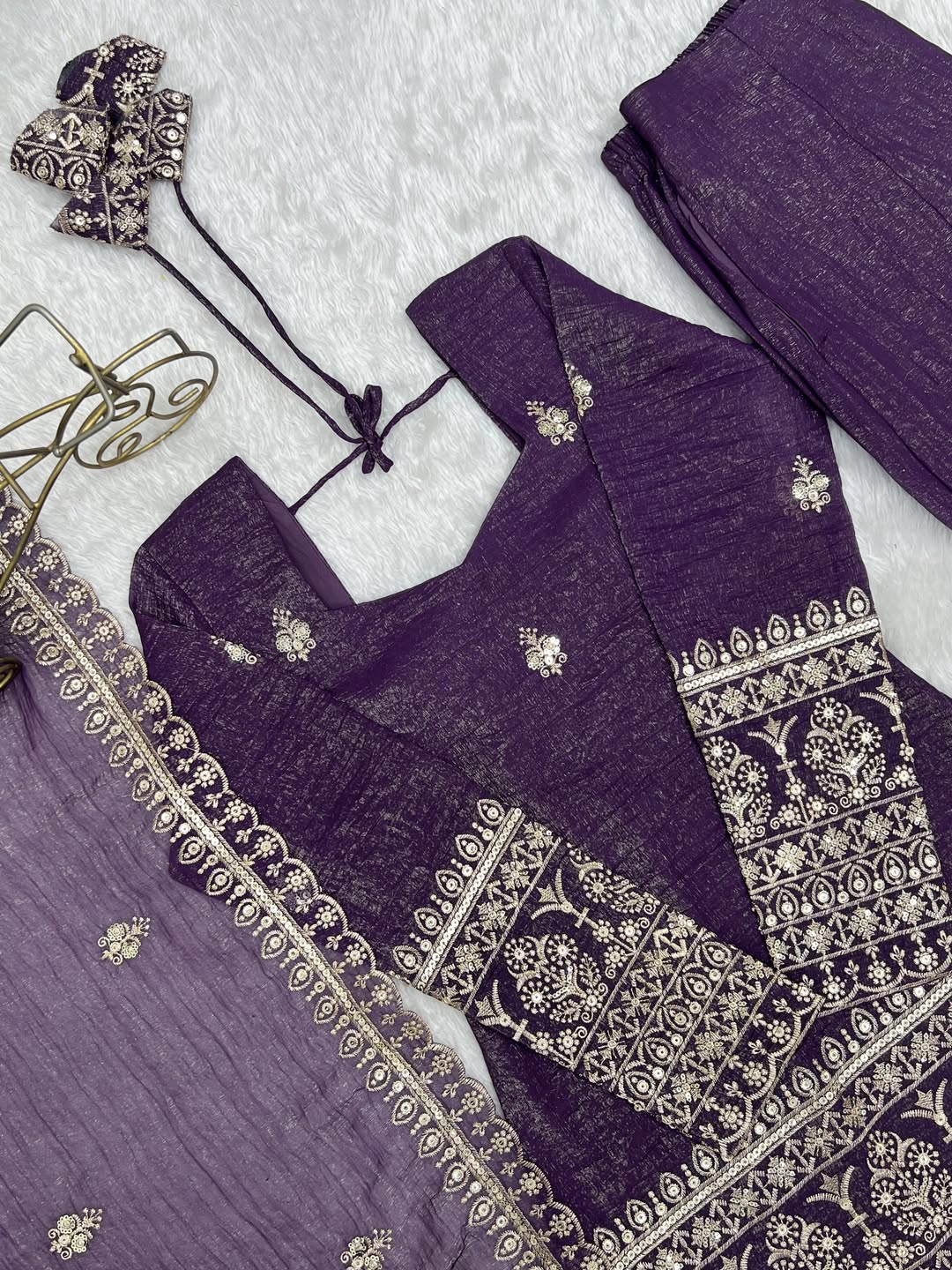 Aadesh Fashion Royal Purple Crunchy Silk Short Kurti Flared Palazzo Set